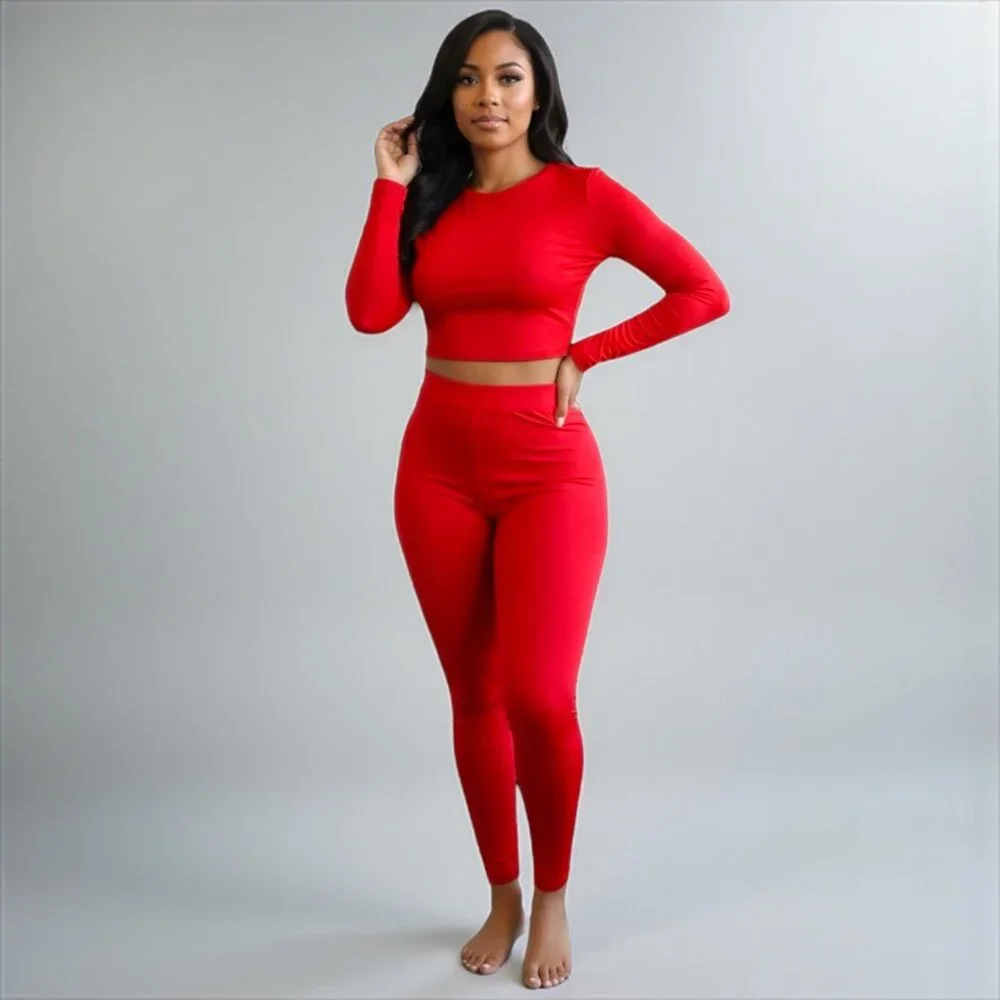 2 Piece Top and Long Pant Red Set